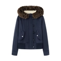 Women's French style navy blue hooded jacket with plush brown faux fur trim and front pockets - S / Dark Blue