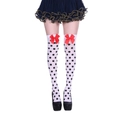 Detailed view of white thigh high socks with black polka dots and red satin bows - One Size / White Socks with Black Dots