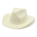 Chapeau de paille de cowboy à large bord avec chaîne de perles élégante en blanc crème - M (56-58cm) / Blanc Cassé