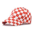Detail of red and white checkered cotton baseball cap with quality stitching - Adjustable / Checkerboard Red