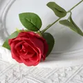 Single long stem artificial red rose with velvet texture and green leaves on a white plate - 7cm / Bright Red (Silk Cloth)
