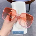 Stylish square frame sunglasses with transparent pink gradient lenses and white case - Transparent Pink Frame Gradient Pink Lens