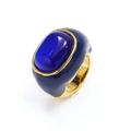 Exaggerated 18k gold plated titanium ring with blue enamel and oval gemstone inlay - Gold Blue Cat's Eye