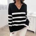Maglione casual da donna a righe con colletto a polo e maniche lunghe nero e bianco - Taglia S / Nero