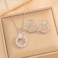 Silver jewelry set with heart opal and round zircon in a gold gift box - 437 Silver Plated Set (Necklace + Earrings)