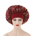 Detail of burgundy satin bonnet with butterfly print on a wide elastic headband - Burgundy