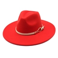 Classic wide-brimmed red wool fedora hat with white leather band and gold buckle - M (56-58cm) / Red
