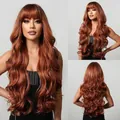 Long wavy orange brown wig with flat bangs and voluminous curls in multi-angle view - Orange Brown