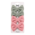 Detailed view of four polyester bow hair clips in pink and sage green on a display card - Grey Green/Pink
