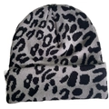 Detailed close-up of grey and black leopard print pattern on knitted beanie hat - Leopard Print - Grey