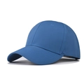 Close-up of the reinforced stitching and breathable eyelets on a navy blue baseball cap - Adjustable / Lake Blue