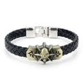 Retro-Punk-Lederarmband mit Totenkopf und Messing-Stern-Kompass-Motiv für Herren - Schwarz-Bronze