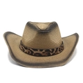 Brown woven straw cowboy hat with leopard print band and curved brim for outdoor style - M (56-58cm) / Brown Mixed