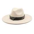 Detail of cream felt fedora featuring bull head metal buckle and floral embroidery - M (56-58cm) / Beige