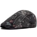 Donkergrijze gewassen denim baret met bloemenprint en metalen gesp aan de zijkant - Verstelbaar / Zwart