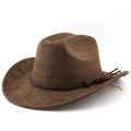 Detailed close-up of dark brown suede cowboy hat with braided tassel trim decoration - M (56-58cm) / Coffee
