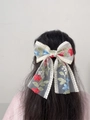 White lace bow hair clip with red and blue floral embroidery for women's hairstyle - Medium - Blue Colorful Lotus