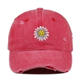Detailed view of a vintage red distressed baseball cap with soccer daisy embroidery - One Size / Watermelon red