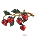 Enameled gold strawberry brooch pin with five red berries and green leaves - Strawberry B07902