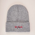 Grey knit beanie featuring three red and white mushroom embroidery details on folded brim - Light Heather Grey