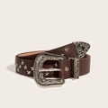 Cinturón de cuero marrón estilo western con remaches de estrella y hebilla plateada - Marrón Oscuro