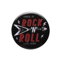 Round tinplate badge featuring black Rock 'N' Roll theme with guitar and lightning icon - POWER OF ROCK Lightning