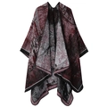 Ethnic style knitted shawl in deep red and dark grey featuring abstract patterns - Water Town / 160cm x 135cm / Black Red