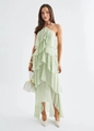 Detail of light green chiffon evening dress with tiered ruffles and halter neckline - S / Light Green