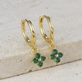 Close-up of S925 sterling silver gold earrings with green four-leaf clover zircon charms - Gold-Green Zirconia