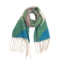 Close-up of thick mohair-style scarf featuring green pink blue blocks and tassels - 08# Green