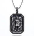 Vintage silver oxidized stainless steel shield pendant with archangel relief carving - Steel Color Archangel Pendant (No Chain)