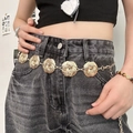 Bohemian gold metal chain belt with five textured circular buckles on denim jeans - Woven Texture Round Buckle / Gold