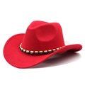 Classic red wool fedora cowboy hat with black and white beaded decorative band - Red