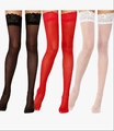 Detail view of lace top thigh high stockings in black, red and white colors - XL / Red Lace Trim