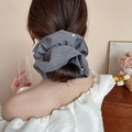 Elegant grey fabric scrunchie with white pearls on a low bun hair style for women - Grey Pearl Decoration (30#)
