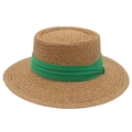 Chapeau de paille canotier à bord plat avec ruban vert pour protection solaire - Corps Kaki + Ruban Vert