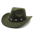 Detail of army green wool fedora hat with black leather strap and silver metal buckles - M(56-58cm) / Army Green