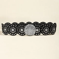 Detail of western vintage wide belt with round black leather discs and engraved metal buckle - Antique Silver Black Style A / 115cm