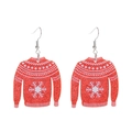 Detail of festive glitter red sweater earrings with white snowflake and polka dot patterns - Sweater Shape / Red Hook Earrings
