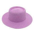 Close-up of lavender purple boater straw hat with detailed weave and flat top brim - One Size / Taro Purple
