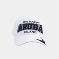 Detalle de gorra de golf blanca de algodón con bordado Aruba y silueta de tiburón azul - Ajustable / Blanco