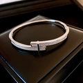 Silver geometric crossover open bangle with pavé zircons in 18k gold plating - 15# Silver Geometric Crossover
