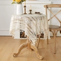 Round beige cotton linen tablecloth with hollow lace pattern and tassels on wooden table - 150*230cm / Beige Stripe Round Effect