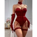 Dark red velvet tube top corset set with matching sleeves and leg garters - S / Red (No Gloves)