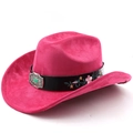 Detail of fuchsia cowboy hat featuring a black embroidered band and turquoise silver buckle - M(56-58cm) / Rose Red
