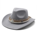 Detail of grey felt cowboy hat with braided rope, studded leather band and metal star - M (56-58cm) / Gray