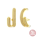 Elegant 925 sterling silver double-layered C-shaped stud earrings with gold plating - Gold J-Shape Pavé Hoop SE391-14K / Gold