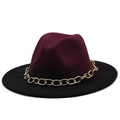 Close-up of wine red and black fedora hat with a decorative chunky gold metal chain link - M (56-58cm) / Wine Red and Black