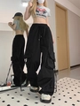 Women's black high-waisted cargo pants with a loose fit and multiple side pockets - S / Black