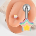 Rainbow star tongue barbell in stainless steel shown on ear model and product close-up - 1.6x16x5mm / Rainbow Pyramid Star
